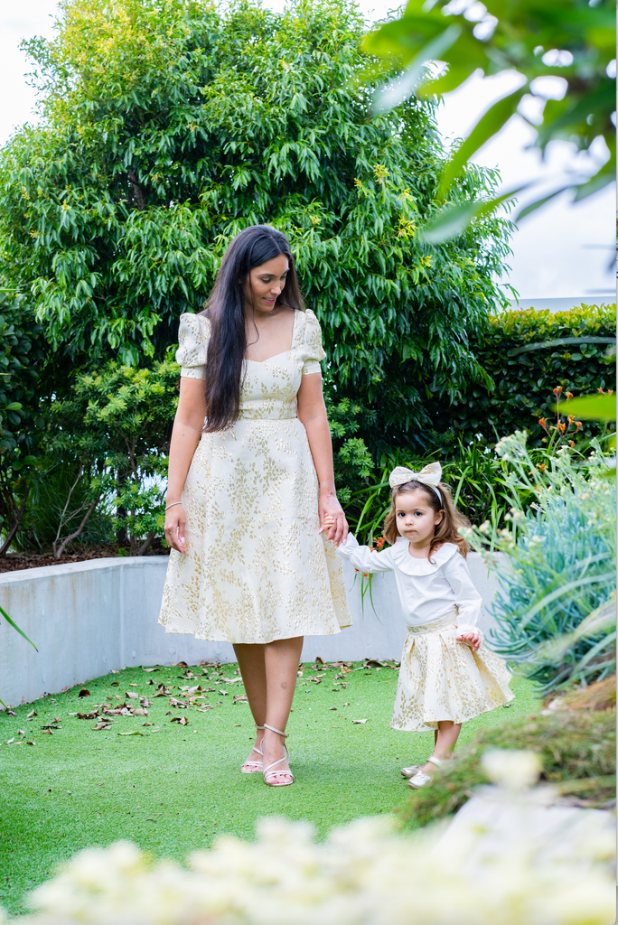 Shop Our for Baby Girls Adorable Gold Brocade Pleated Skirt 