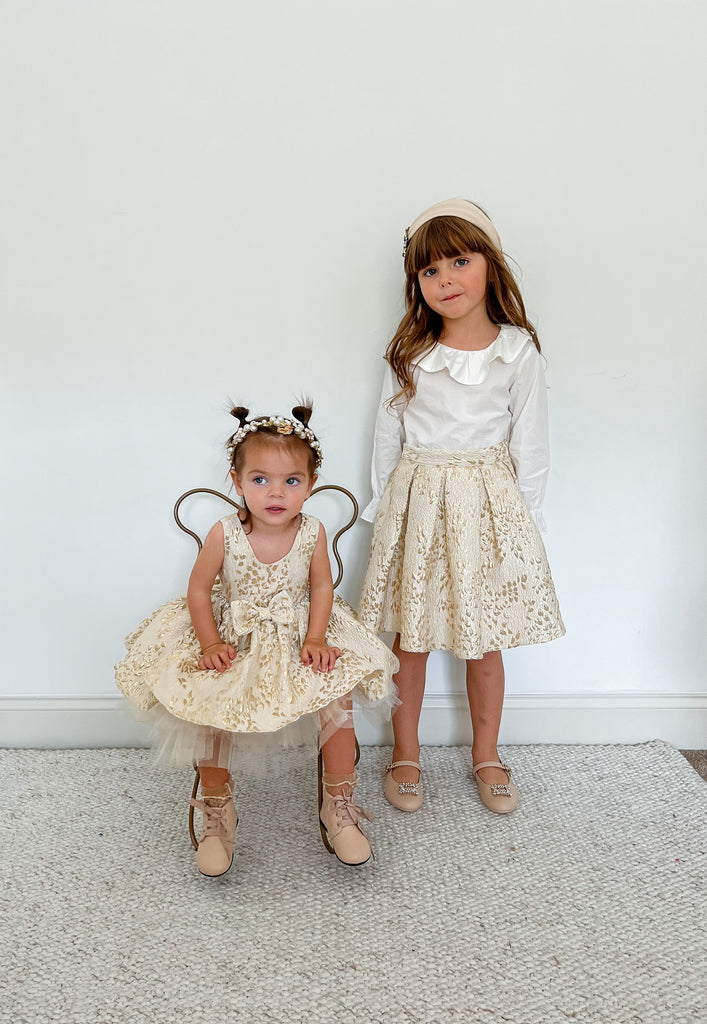 Shop Our for Baby Girls Adorable Gold Brocade Pleated Skirt 