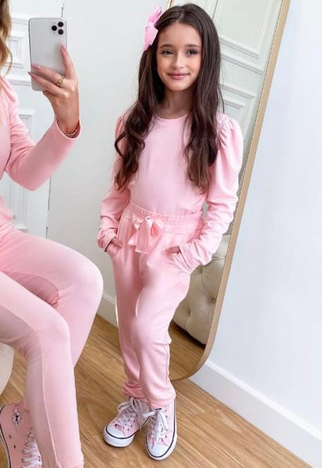 Girl's Gold Sequin Wings Pink Puffy Sleeves Sweatshirt and Pants Set